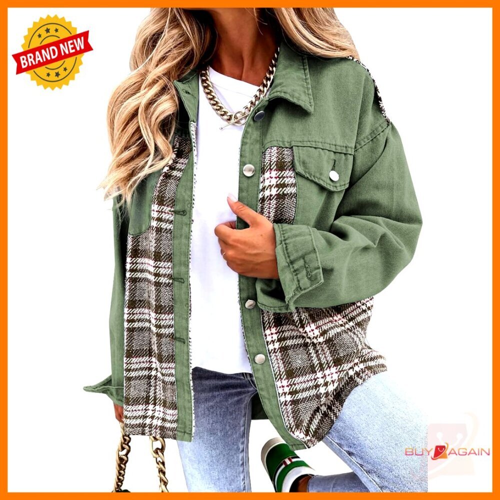 Oversized Denim Shacket Plaid Button Down Boyfriend Fit Distressed Pockets